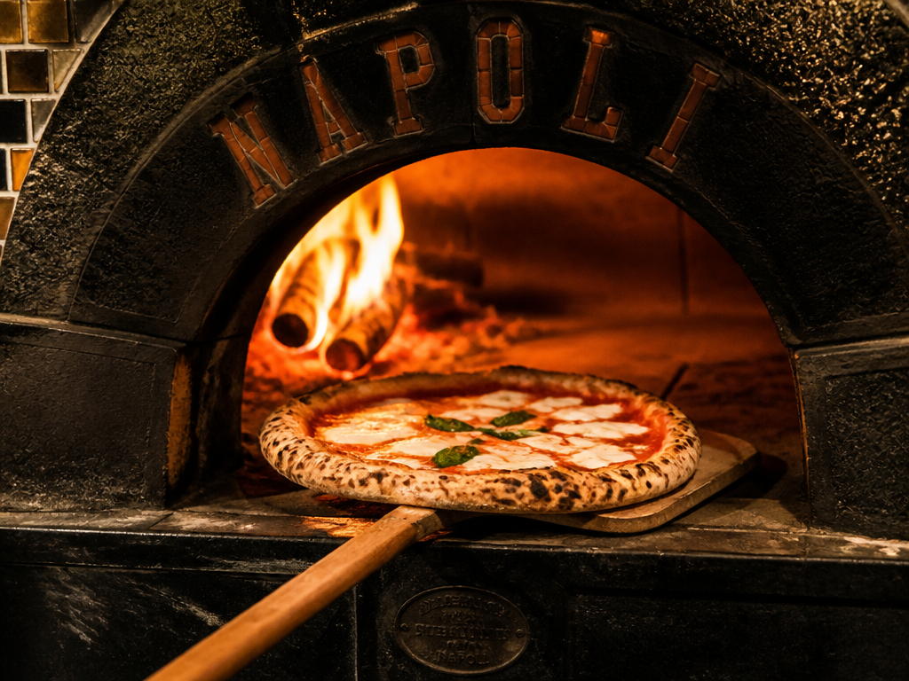 Horno de leña napolitano con pizza entrando al fuego