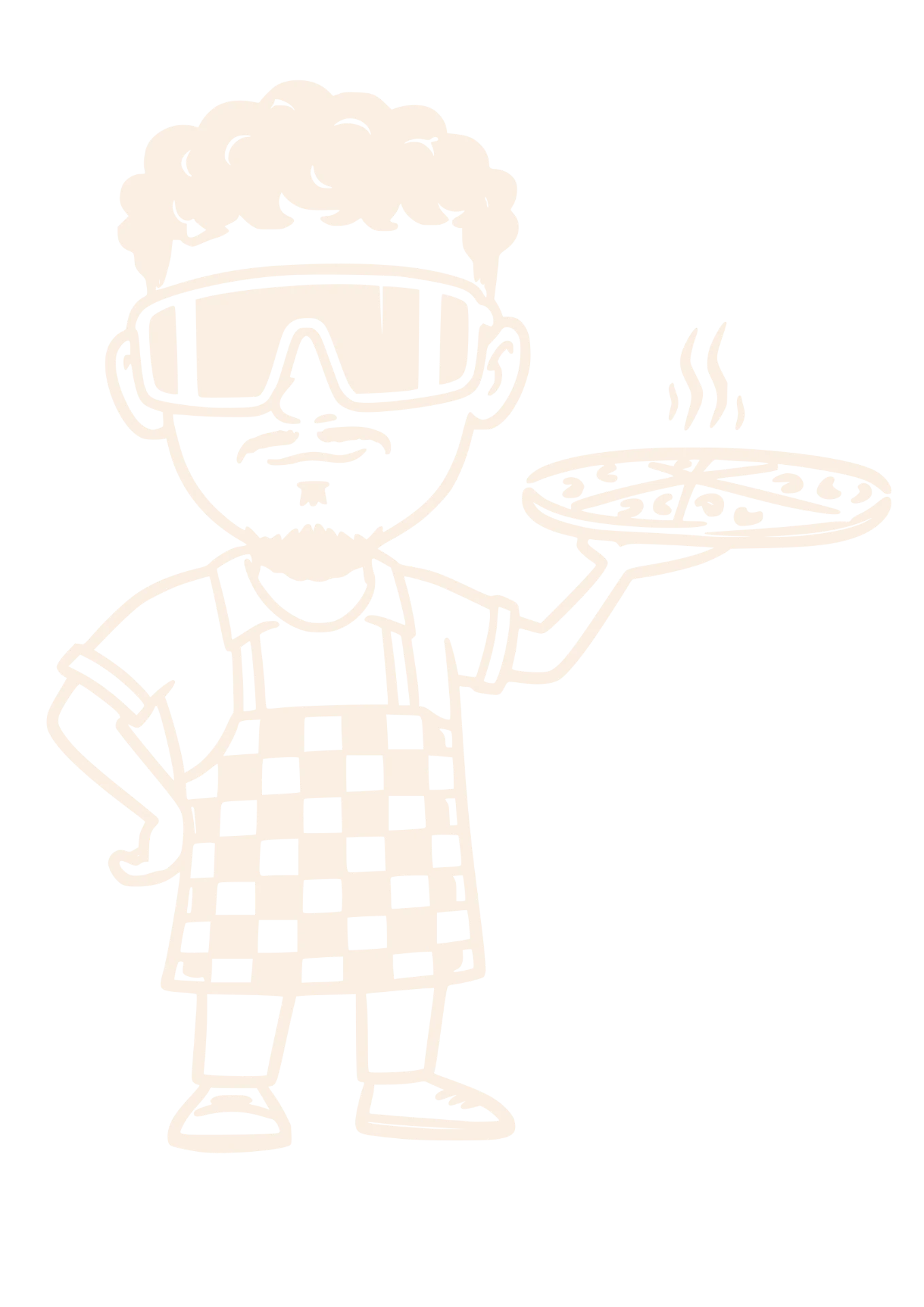 Ilustración de Guillermo, pizzero de Forno Gamberro, sosteniendo una pizza napoletana