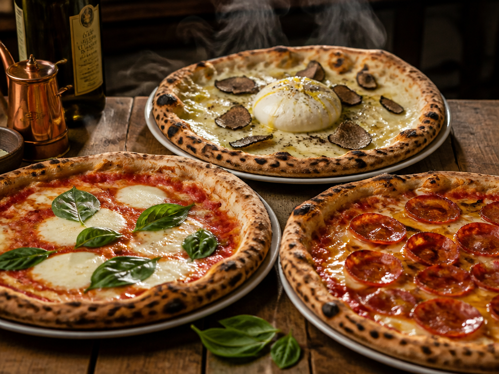 Tres pizzas gourmet napolitanas sobre mesa rústica