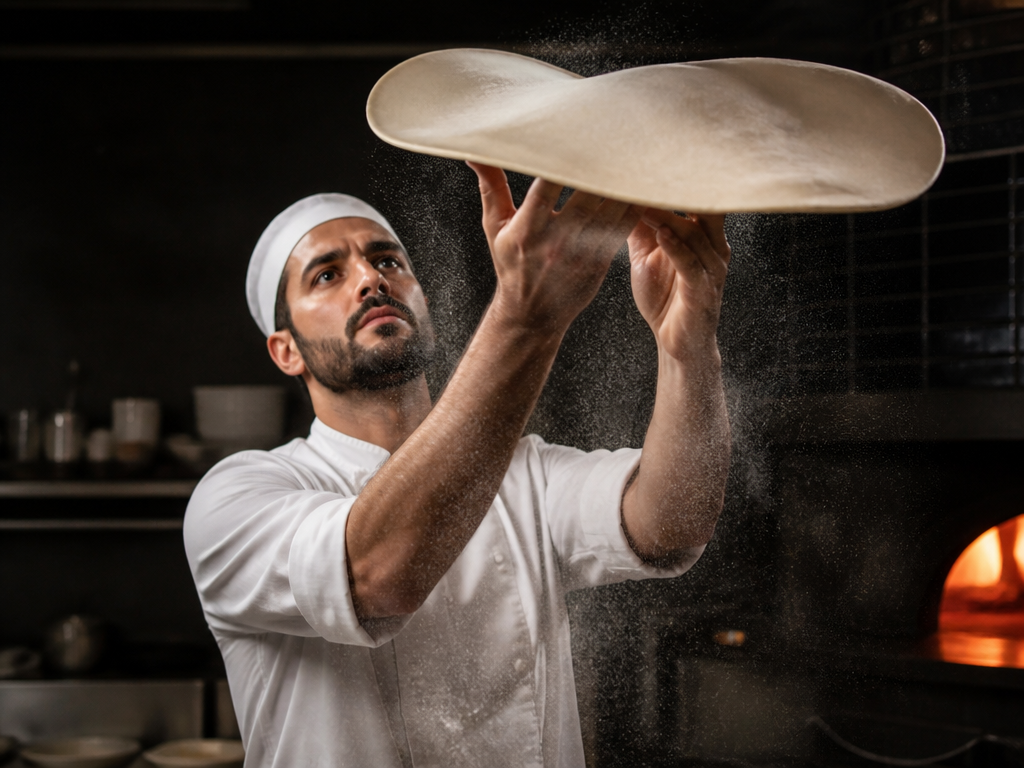 Pizzero estirando masa de pizza napolitana con harina