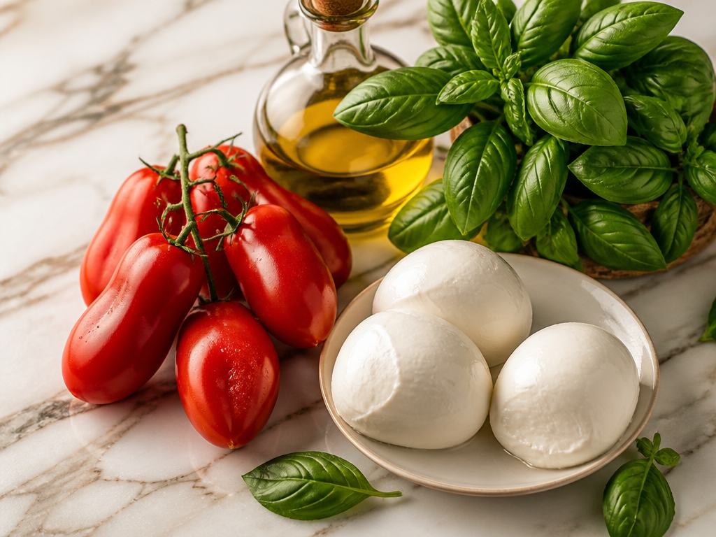 Ingredientes frescos: tomates San Marzano, mozzarella y albahaca